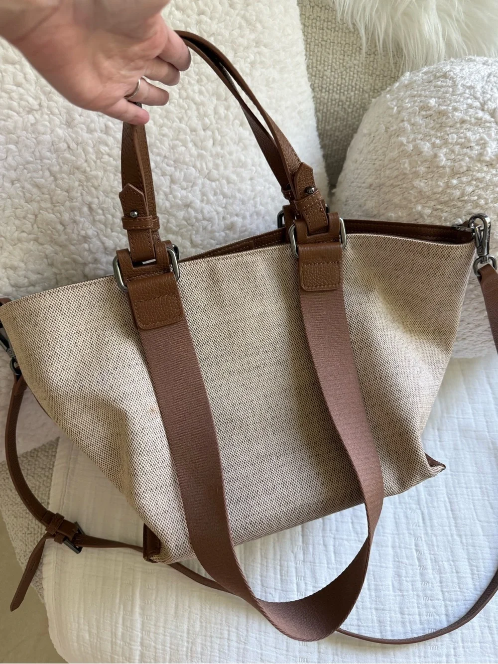 Botkier Beige Canvas Tote with Brown Leather Trim